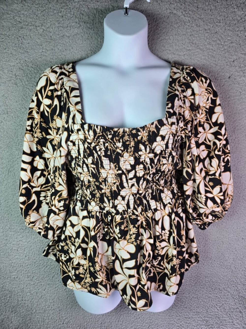 Ava Viv Blouse Black Floral XXL Smocked Boho Cottagecore Puff Sleeve